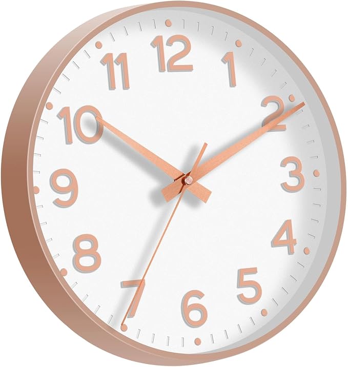 Roymnie 12 Inch Wall Clock Battery Operated Silent Non Ticking Analog | White Rose Gold modern analog; large 3D easy-read dial for kitchen, office, bathroom & bedroom; 1 AA battery (not included)