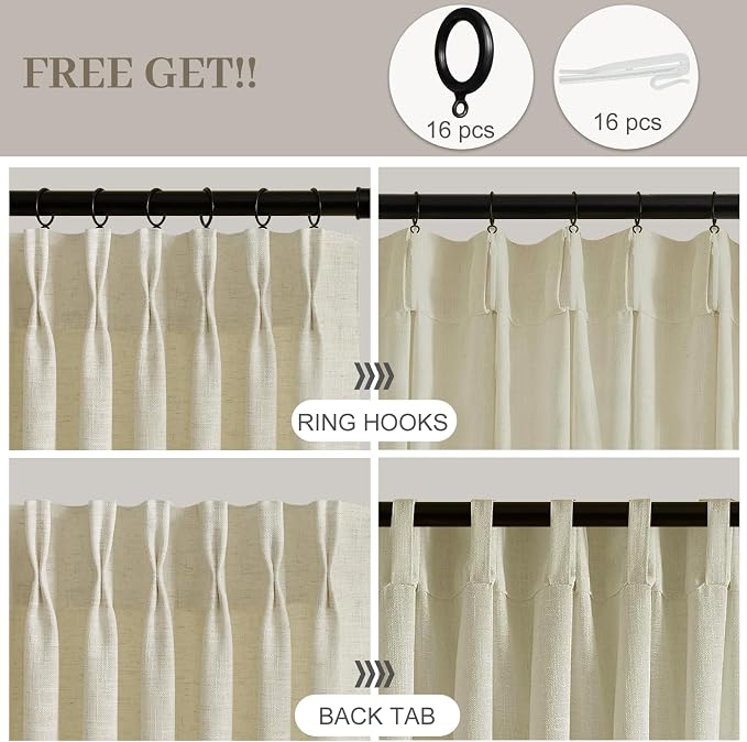 Pinch Pleated Linen Curtains 90 Inches Long 2 Panels for Living Room, Linen | Light Filtering, Bedroom, Semi Sheer, Pinch Pleat, Linen Blend, Hook Rings, Memory Shape, Cottage Core, W40xL90, 2 Panels