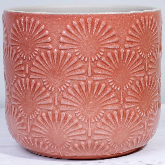 Boho Ceramic Flower Pot, 6.7" Modern Planter for Indoor Outdoor Plants | Decorative Glazed Embossed Fanburst Texture Plant Pot with Drainage Hole & Plug, Bohemian Chic Home Garden Decor, Coral Blush