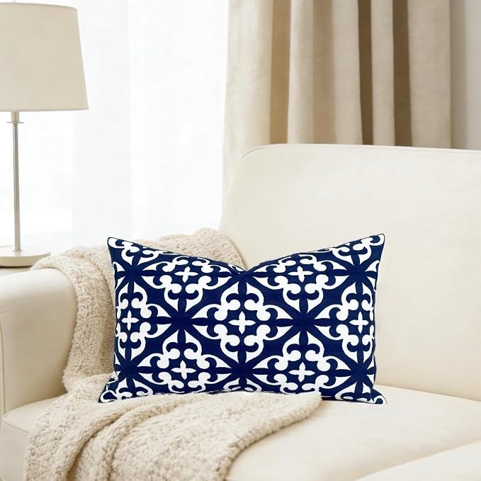 Slow Cow Embroidery Decorative Lumbar Throw Pillow Cover Rectangle Cushion Cover Pillow Case 12 x 20 Inches