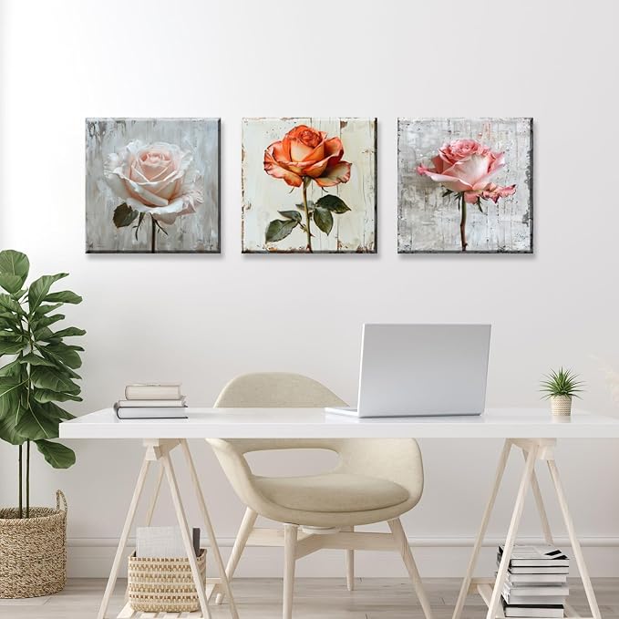 NAN Wind 3Pcs Rose with Distressed Wood Background Framed Canvas Art Vintage Floral Botanical Print Shabby Chic Flower Painting for Home Decor Ready to Hang Wall Art for Living Room Bedroom Kitchen