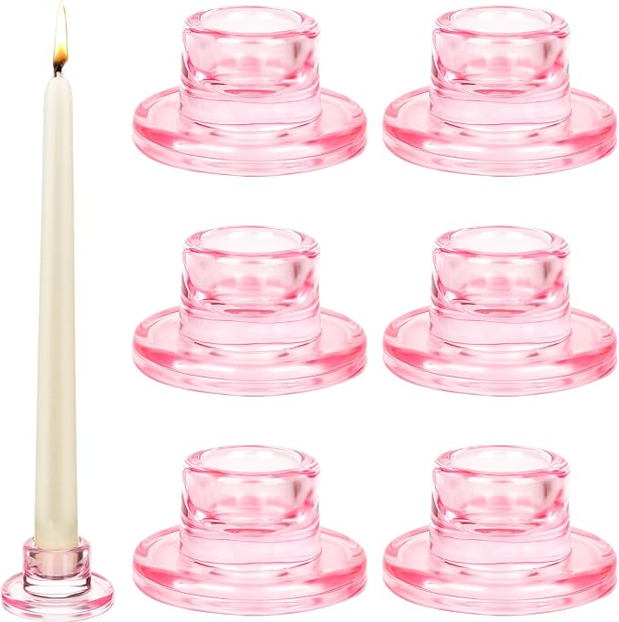 6 PCS Glass Taper Candle Holders Bulk Pink Candlestick Holders Clear Short Tapered Candle Stick Holder Decor Set for Table Centerpiece Wedding Party Advent Christmas Home Decorations