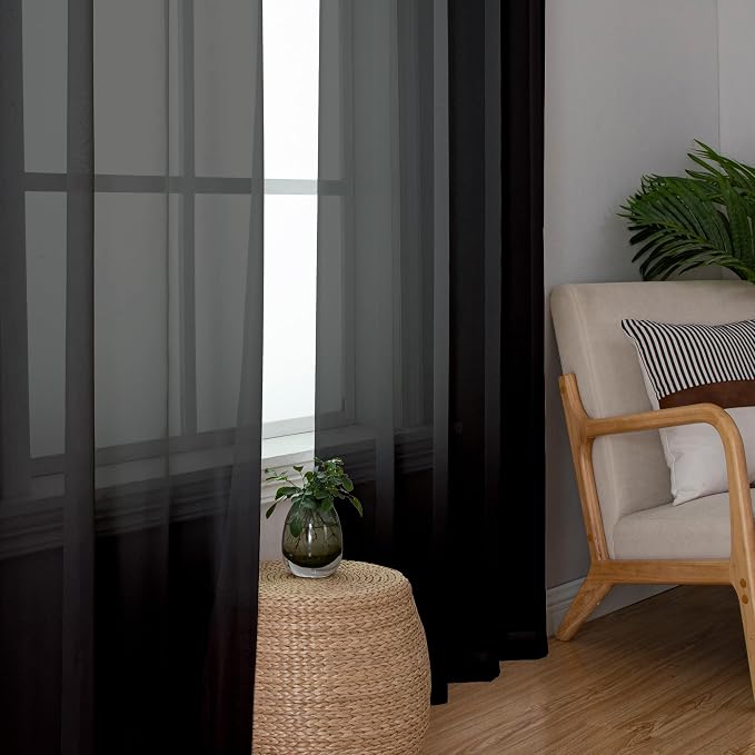 Simplebrand Black Sheer Curtains 90 Inches Long, Light Filtering Rod Pocket Solid Color Window Sheer Curtain Panels, Elegant Curtains & Drapes for Living Room, Bedroom 2 Panels (Black, 59" W x 90" L)