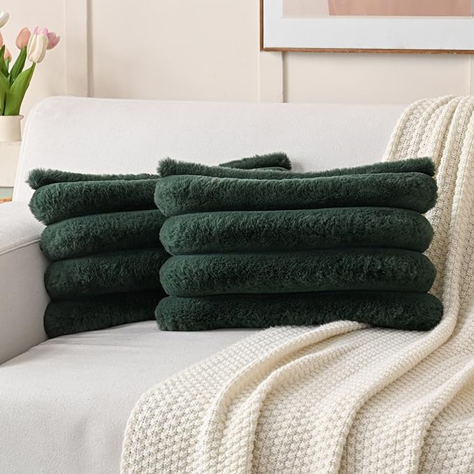 HAUSSY 2 Pack Lumbar Pillow Covers 12x20 Inch, Faux Fur Decorative Couch Throw Pillows Soft Striped Plush Cushion Covers Home Decor Cute Furry Pillowcase for Living Room Sofa Bed, Dark Green