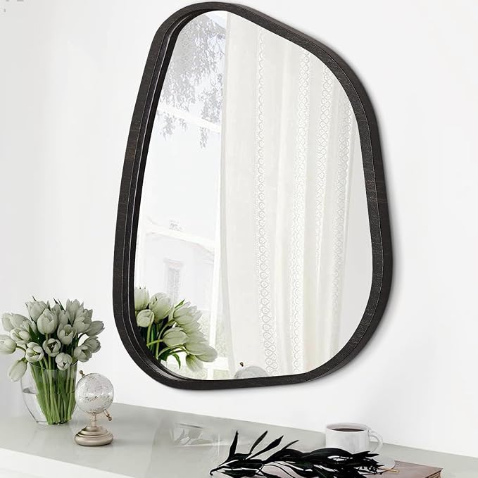 Asymmetrical Mirror Large 20"x16" Irregular Oval Wall Mirror Modern Wood Frame Unique Shape Wall Mounted Vanity Artistic Mirror Decorative for Living Room Bedroom Bathroom Entryway Hallway
