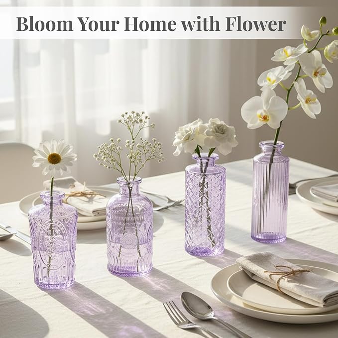 BEAHOT 24 Pack Purple Flower Vase in Bulk,Mini Vintage Glass Bud Vases for Centerpieces,Wedding Decor,Party & Home Decaration,Mother's Day (Purple)