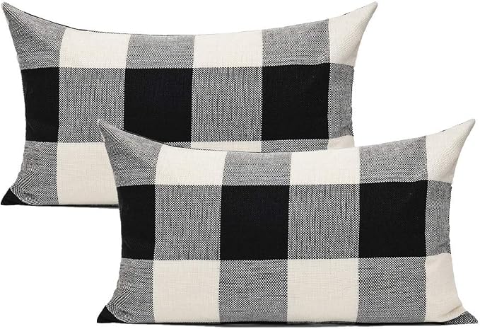 VAKADO 12x20 Set of 2 Black White Outdoor Throw Pillow Covers Buffalo Check Plaids Lumbar Farmhouse Retro Checkers Cotton Linen Cushion Cover Home Decor for Sofa Couch