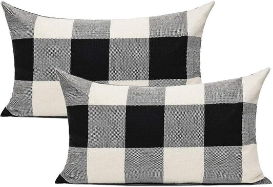 VAKADO 12x20 Set of 2 Black White Outdoor Throw Pillow Covers Buffalo Check Plaids Lumbar Farmhouse Retro Checkers Cotton Linen Cushion Cover Home Decor for Sofa Couch