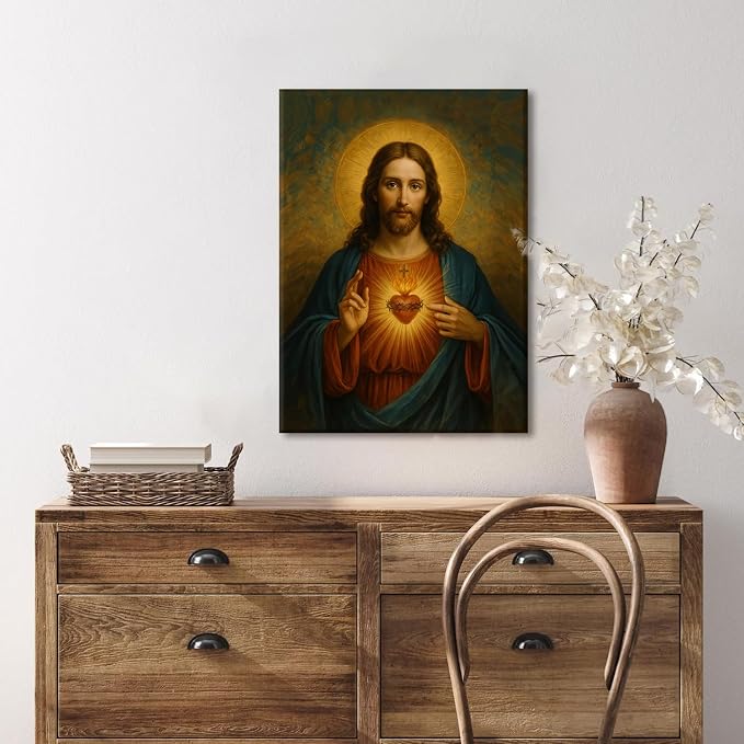 AUUAUU Sacred Heart of Jesus Wall Art Christian Canvas Painting 12x16 Inch | Religious Spiritual Picture Print Inspirational Artwork Christmas Wall Decor for Living Room Bedroom Ready to Hang