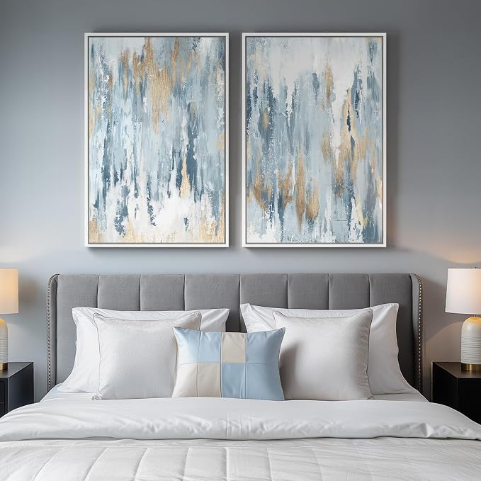 Large Framed Blue Gold Abstract Canvas Wall Art Decor Set of 2, 24x30 In | Glitter, Modern paintings, Light Blue, Gold details, Minimalist pictures, Wood frame, Living room, Dining room wall decor