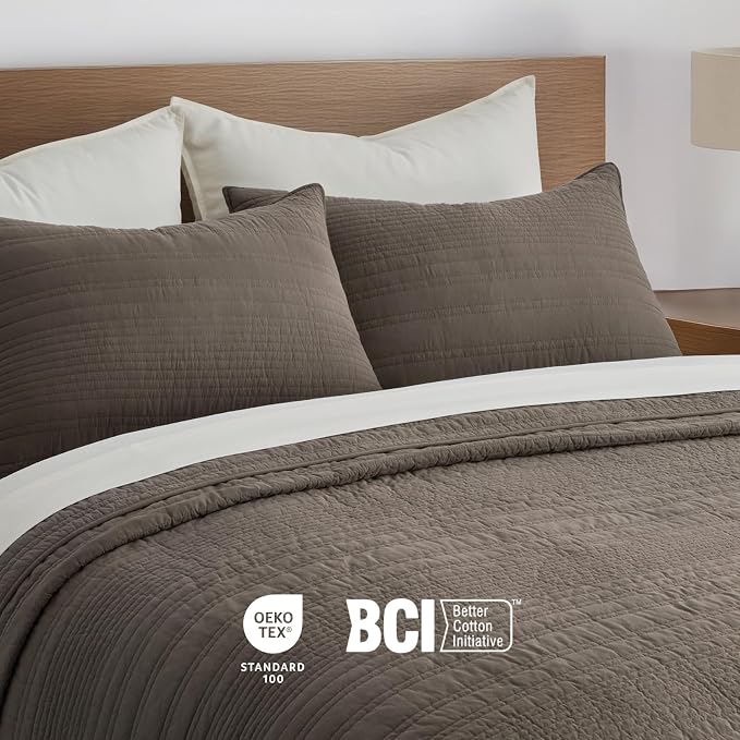 EVERGRACEHOME 100% Cotton Modern Lines Quilt Set Queen Size, Mushroom Brown | Pre-Washed Soft Cotton, Striped Coverlet Bedspread, 3 Piece Lightweight Bedding Set for All Season, with 2 Pillow Shams