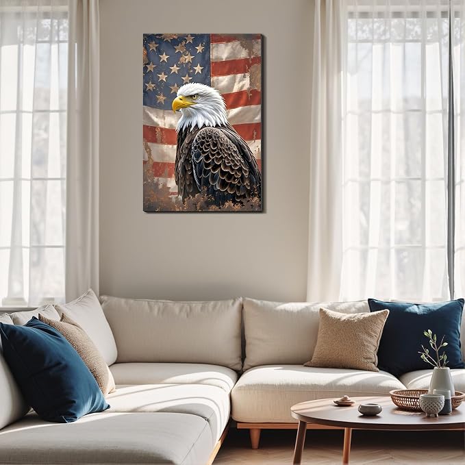 Framed Vintage Bald Eagle American Flag Wall Art, Patriotic Rustic Canvas Art Pictures, USA Eagle Wall Decor, Made in USA Ready to Hang for Office Man Cave