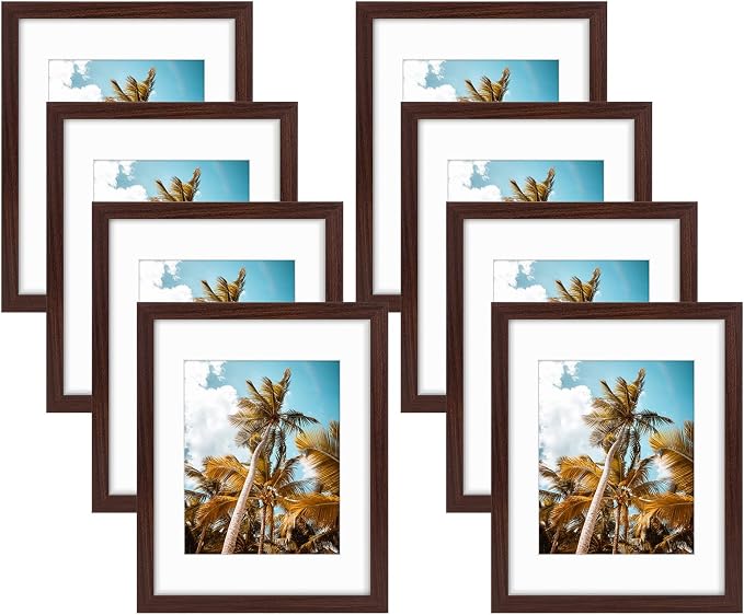 Frametory 8 Pack 11x14 Brown Picture Frame with Real Glass Mat for 8x10