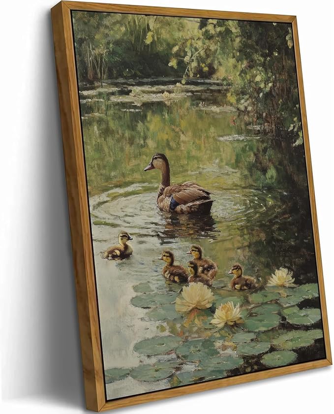 Framed Vintage Duck Canvas Wall Art Farmhouse Wall Decor Pictures Cottagecore Mother Duck Print Wildlife Nature Pond Sage Green Painting for Countryside Farmhouse Nursery Decoration 12x16in