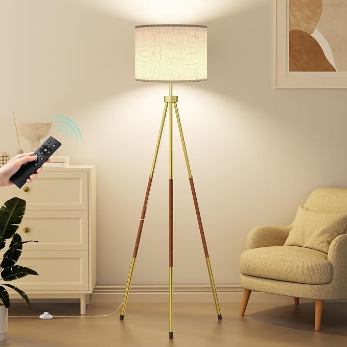 SIBRILLE Mid Century Wood Tripod Floor Lamp with Remote & Foot Switch