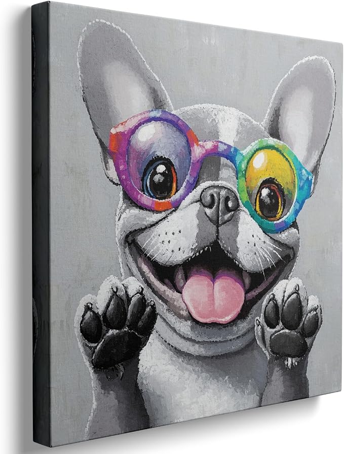 Ypxzzj Cute Dog with Glasses Canvas Wall Art,Funny Bulldog Decor Wall Art Pictures Painting Posters Artworks for Children's room Bedroom Living room Decor Framed Ready to Hang