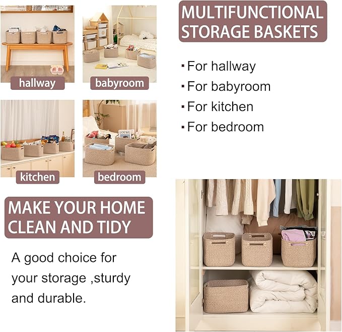 OIAHOMY 4 Pack Storage Baskets for Organizing 15L Cube Storage Bins Brown | Woven Baskets for Storage Rectangle Small Baskets With Handles Baskets for Shelves Wicker Baskets for Shelves 12.7x9x7.8inch