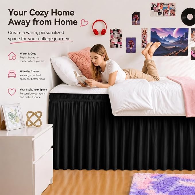 Black Twin XL College Dorm Bed Skirt 32" Drop, Elastic Wrap Dust Ruffle | Raised Bed Fit, Hides Underbed Storage, No Mattress Lifting, Soft Microfiber, Durable Fabric, Machine Washable, Clean Look
