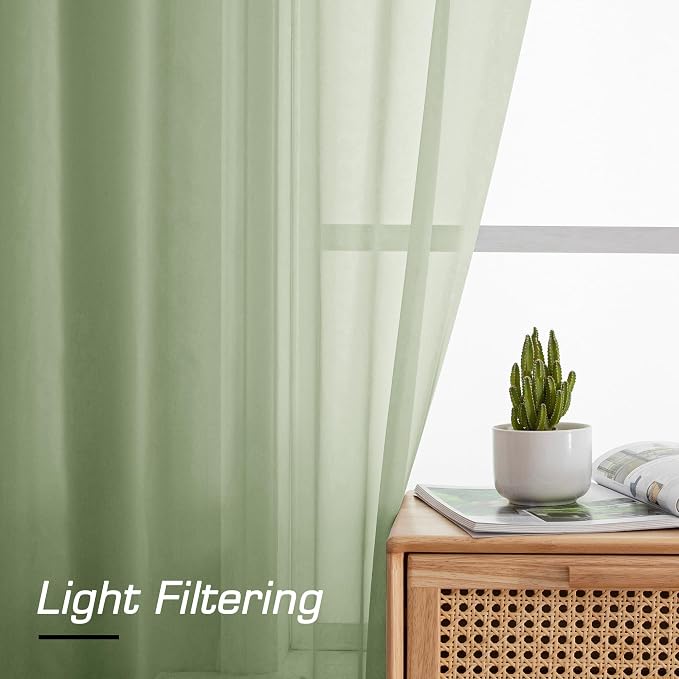 Simplebrand Rod Pocket Top Solid Voile Sheer Curtains for Bedroom, 54 Inch Length Drapes Set of 2, Lightweight and Light Filtering Elegant Curtains Panels Window Treatment, 42W×54L, Light Green