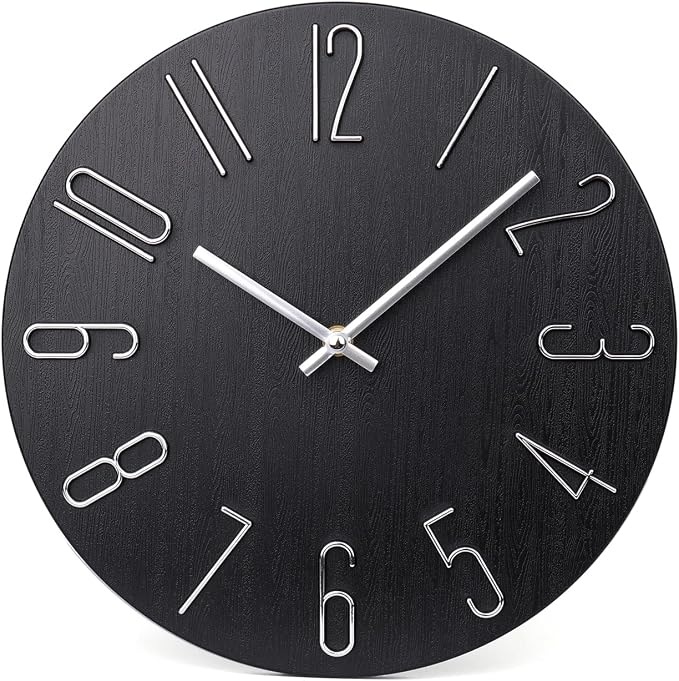 jomparis Black Wall Clock Modern Style Plastic Wooden Wall Clocks Decor 12 Inch Silent Non-Ticking for Office Home Bedroom