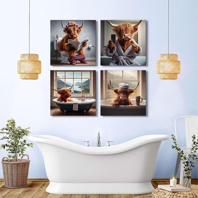 Rustic Cow Wall Art Funny Bathroom Wall Decor Abstract Wildlife Pictures for Kids Farmhouse Animal Posters Country Highland Cow Canvas Prints Longhorn Cattle Artwork Bedroom Home Decoration 20x20" 4P