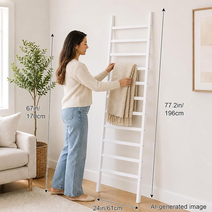 FUIN Blanket Ladder, 24 in Wide 11-Rung Solid Wood Rustic Decor Rack, White | 11 rungs and 24in wide, Solid wood visible grain, Angled lean-to design, Anti-slip support, Living room and bathroom use