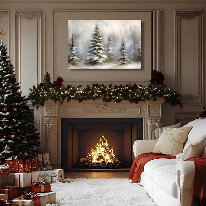 Framed Canvas Wall Art 24x36in, Vintage Snowy Christmas Tree Decor, Pine Tree Pictures for Living Room Decor, Winter Forest Paintings for Bedroom Bathroom, Holiday Decorations Gifts