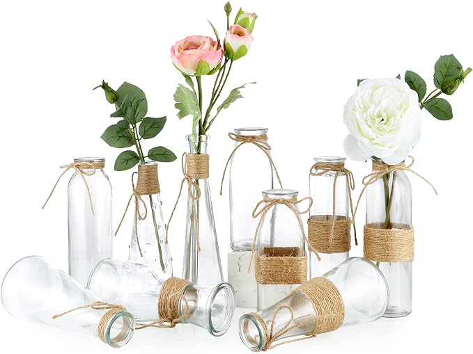 MDLUU Clear Glass Bud Vase in Bulk, 10Pcs Assorted Decorative Glass Bottles with Rope, Different Sizes Vintage Jar for Wedding Centerpiece, Party, Reception Table, Home Decor
