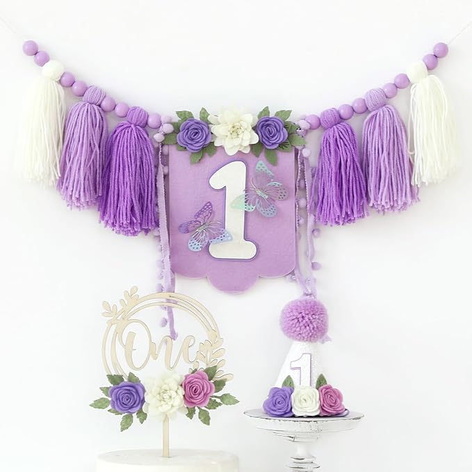 JUIIZAY Butterfly First Birthday Decorations for Girl Purple High Chair Banner One Flower Cake Topper Floral Hat 1st Birthday Decoration Supplies
