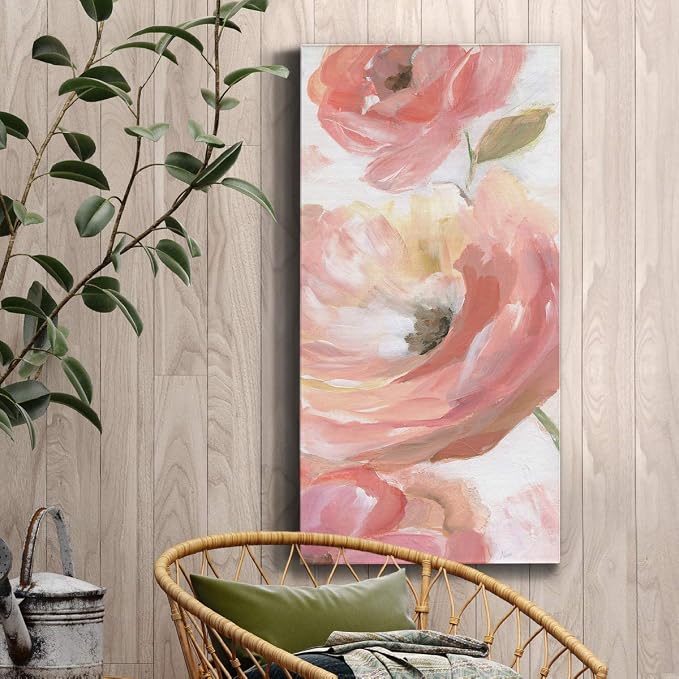 Renditions Gallery Canvas Floral Wall Art Modern Paintings & Prints Decorations Pink Blooming Flowers Glam Vibrant Botanical Wall Hanging Artwork for Bedroom Office Kitchen - 20"x40" LT43