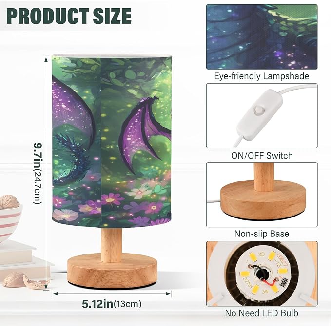 ALAZA Winged Dragon Blossom Flower Decor Bedside Table Lamp with USB Port for Bedroom Nightstand Office Desk LED Bulb Included