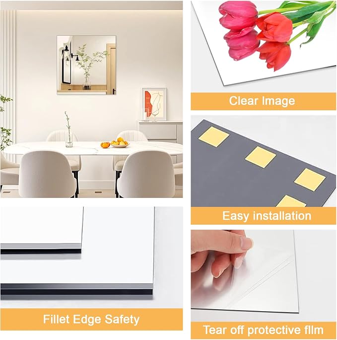18x18 in Acrylic Mirror Sheet for Wall, 2.5mm Plastic Wall Mirror | Non Glass Body Mirror Tile with Adhesive Tapes, Modern Decorative Square Wall Mirror for Bathroom Bedroom Home Gym Door Decor