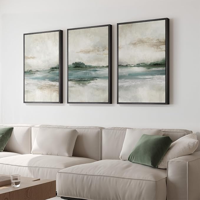 Large Framed Blue Green Abstract Landscape Wall Art, 3 Piece Set, 20x30 In | Soft nature lake picture, Canvas prints, Modern artwork for walls, Wall decor for living room dining room bedroom home office