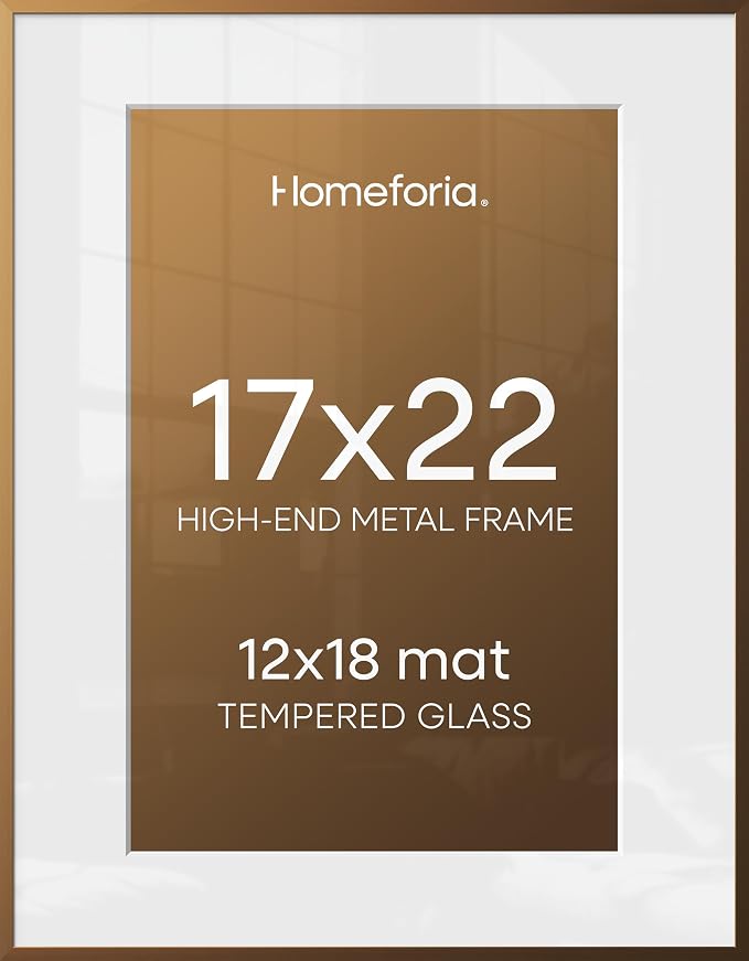 Homeforia 17x22 Bronze Picture Frame, High-End Metal, 12x18 Mat, Glass