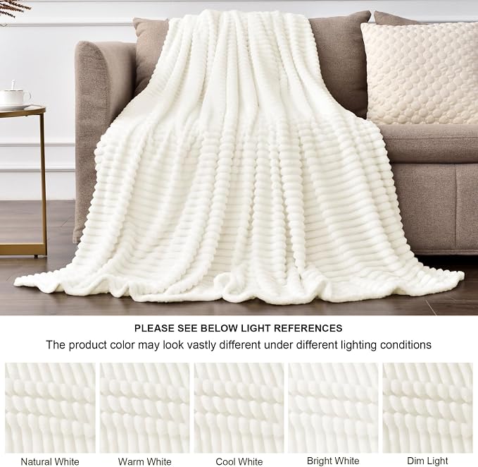 BEDELITE 3D Ribbed Jacquard Cream Fleece Twin Blanket for Bed, 60x80 Inch | Soft Warm Decorative Fluffy Blanket, Cozy Plush Lightweight Fuzzy Throw Blanket for Couch Sofa Room Decor, Gift for Women