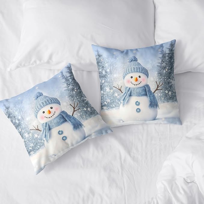 Blue Snowman Throw Pillow Covers Winter Pillow Covers 20x20 Snowflakes Pillow Case Double Sided Printing Cushion Case for Home Decor Couch Sofa Set of 2