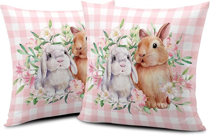 Spring Easter Pillow Covers 18x18 Pack of 2 Lovely Rabbit with Lily Flower Throw Pillow Covers Pink Plaid Bunny Pillow Case for Spring Easter Decoration Sofa Patio Garden