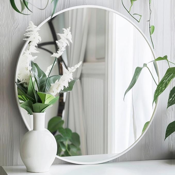Round Mirror 28 inch, Round White Mirror, Matte White Metal Frame | High Definition Mirror, Rust-resistant, Easy Installation, Circular Mirrors for Living room Bedroom, Entrance, Restroom