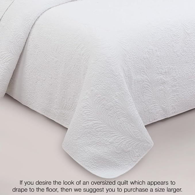 Cozy Line Home Fashions White Cotton Quilt Set Queen – 3-Piece Quilted Botanical Stitch Bedspread with Shams, Elegant All Season Bedding
