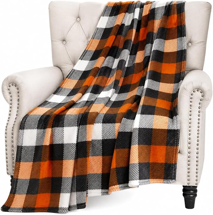 Serafina Home Fall Plaid Blanket Throw: Orange Black White Farmhouse Tartan Print on Velvet Fleece, 50" x 70" for Sofa Couch Bed Outdoor Events