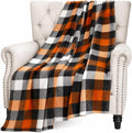 Serafina Home Fall Plaid Blanket Throw: Orange Black White Farmhouse Tartan Print on Velvet Fleece, 50" x 70" for Sofa Couch Bed Outdoor Events