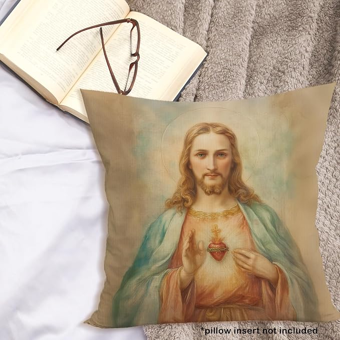 Christian Sacred Heart of Jesus Throw Pillow Covers Gifts 18x18, Vintage Religious Decor Pillow Cases for Bedroom Living Room, Jesus Decorative Square Pillowcases for Couch Bed Sofa