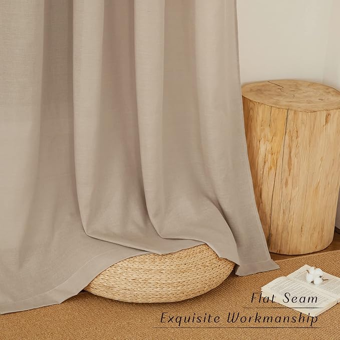 NICETOWN Thick Linen Curtains for Bedroom, Rod Pocket & Back Tab Vintage Flax Semi-Sheer with Light Filtering Curtains & Drapes Privacy Assured for Living Room, Camel, W55 x L84, 2 Pieces