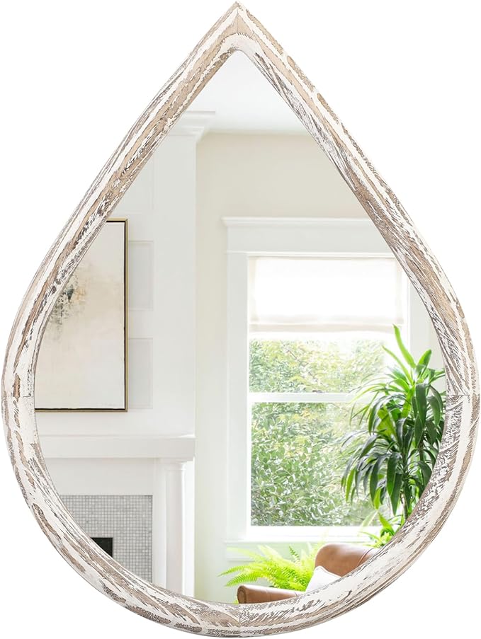 Teardrop Mirrors with Wood Frame Farmhouse Rustic White Wall Hanging Mirrors Large Decorative Mirror for Living Room Bathroom Entryway