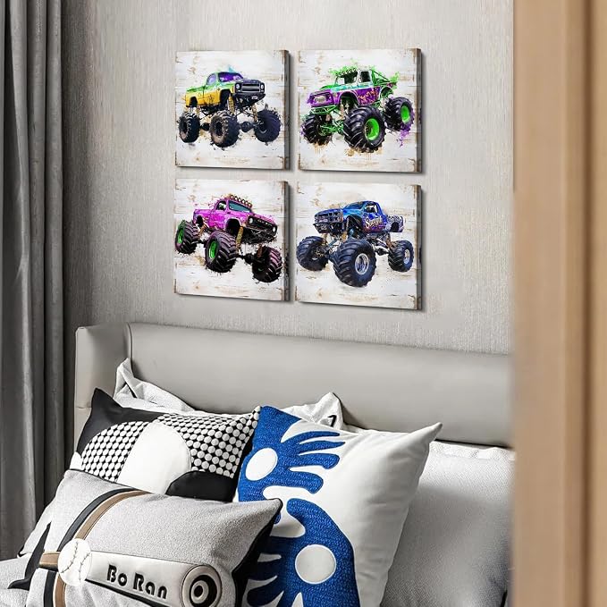 Monster Truck Canvas Wall Art for Boys Room Decor Vintage Car Posters Kids Wall Art, Watercolor Trucks Poster for Boy Bedroom Playroom Vehicle Wall Decor Nursery Paintings Home Decoration 12×12" 4 Pcs