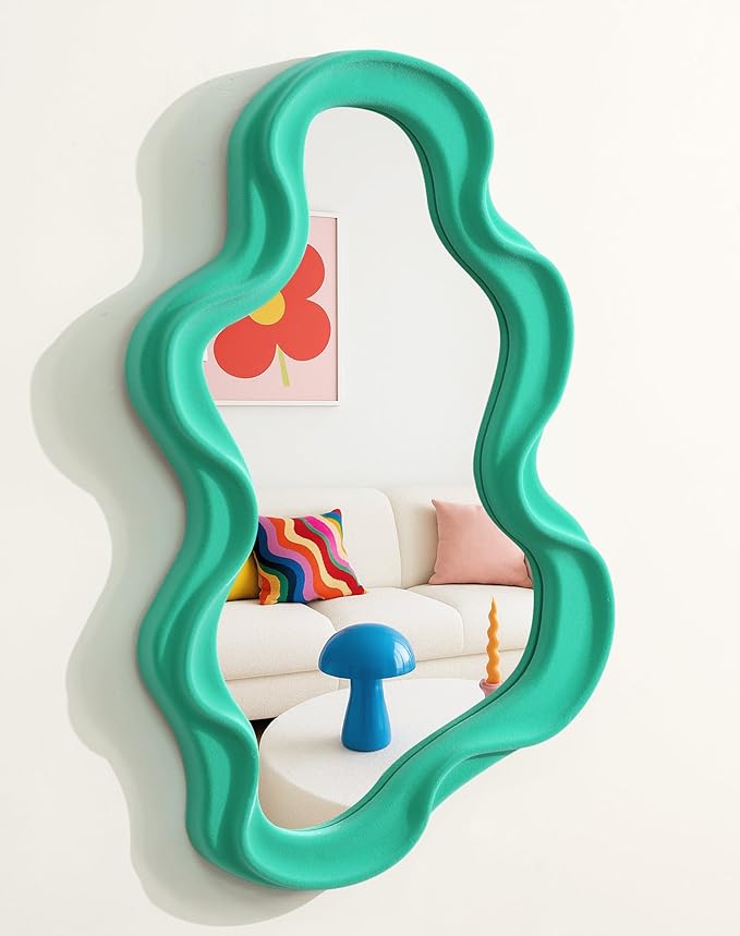Funky Green Wall Mirror for Gallery Wall,Eclectic Quirky Home Decor | 16x10",Soft Velvet-like Touch,Wall-Mounted Cloud Mirror for Girl Teen Women Bedroom Decoration,Cute Accent for for Hallway