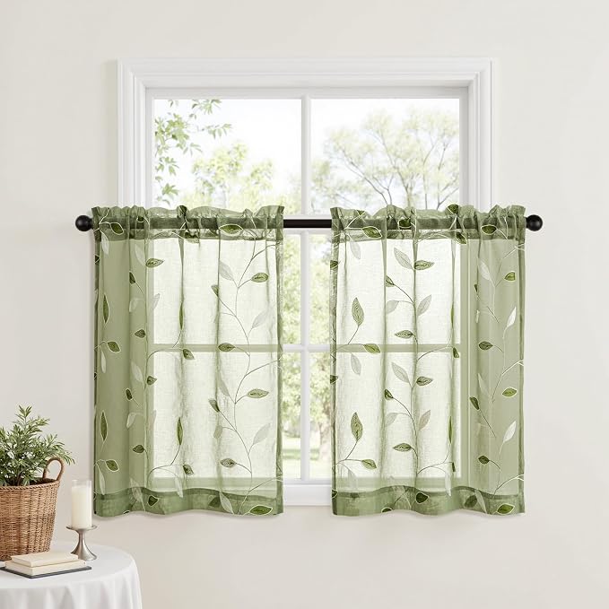 MIULEE Sage Green Sheer Curtains 2 Panels Leaf Patterned, W30 x L24 | Embroidered Floral Semi Sheer,Rod Pocket,Faux Linen,Short Window Curtains Drapes Set for Kitchen/Bathroom/Cafe