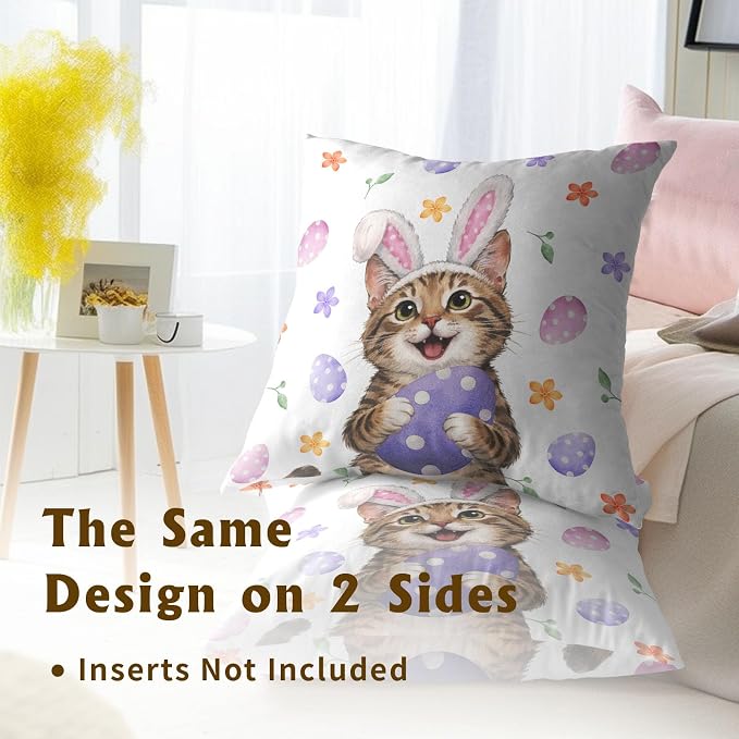 Easter Cat Pillow Covers 24x24 Inches Set of 2 Cute Bunny Ear Cat Pillowcase Kitten Eggs Floral Cotton Cushion Covers Spring Holiday Pillow Cases for Home Sofa Couch