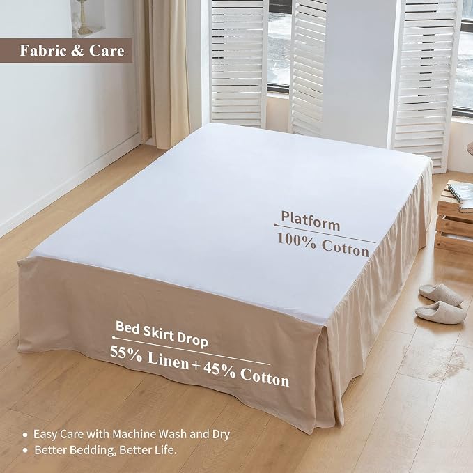 BISELINA French Linen Bed Skirt with Pleated Corner 22-Inch Tailored Drop Natural Flax Cotton Blend Basic Dust Ruffle Soft Cozy Farmhouse Bedding (22" Queen, Basic Linen)