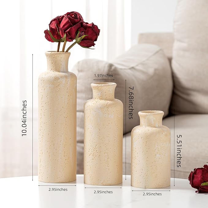 Small Flower Vase Set, Travertine Stone Look, 3 PCS, Yellow | for Pampas Grass, Farmhouse Decor, Kitchen, Living Room, Bathroom, Bedroom, Office, Shelf Centerpiece Table Decoration